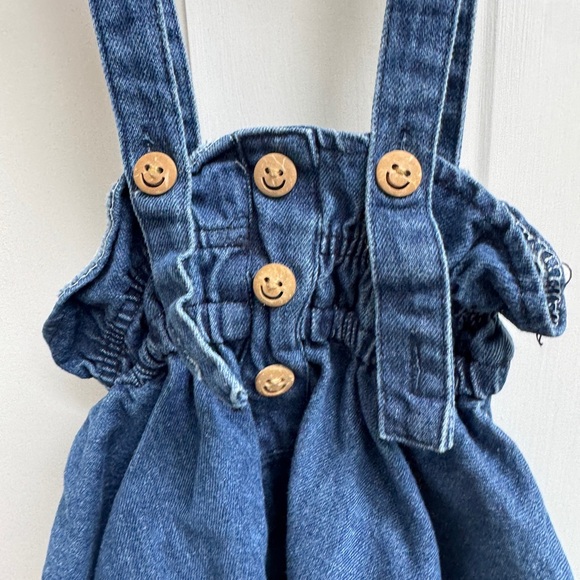 Blue Denim Overalls Dress Jumper with Adjustable Straps Smiley Face Buttons - Picture 2 of 5